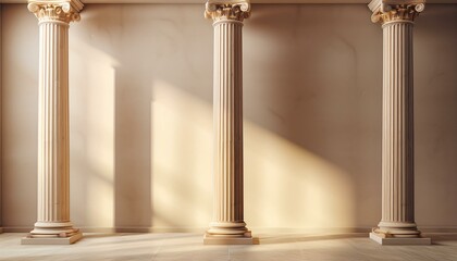 Minimalist architectural backdrop with Roman-style columns and warm natural lighting, ideal for sophisticated interior themes.