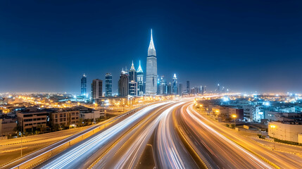 Obraz premium Cityscape, nighttime, illuminated skyscrapers, highway traffic trails, urban landscape