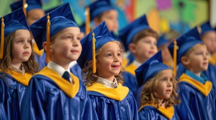 A kindergarten graduation ceremony with children performing on stage in their caps and gowns