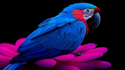 Obraz premium Vibrant and Colorful Parrot Perched Gracefully on a Delicate Branch Against a Striking Background of Pink Flowers