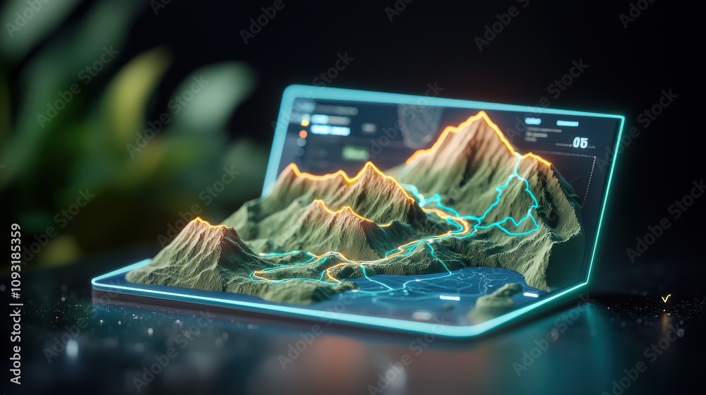 Wall mural futuristic laptop displaying a 3d terrain model with vibrant colors and high-tech interface.