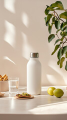 Happy Diet Wellness Awareness Concept. A stylish white water bottle sits on a table beside a glass of water, green apples, and snacks, illuminated by soft, natural light.