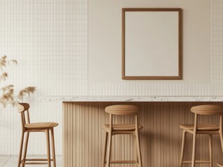 Minimalist Kitchen Island with White Tiles, Wood Cabinets, Marble Backsplash, and Blank Poster Frame