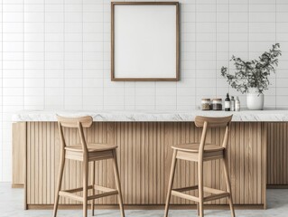 Minimalist Kitchen Island with White Tiles, Wood Cabinets, Marble Backsplash, and Blank Poster Frame
