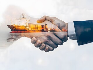 Business Partnership and Maritime Cooperation Symbolized by Shaking Hands with a Container Ship in the Background for Commercial and Trade Concepts