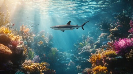 Obraz premium A coral reef with a shark gliding calmly above, sunlight streaming through the clear blue water