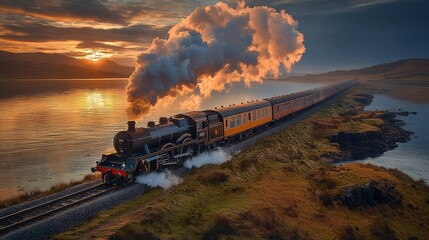 A vintage steam train travels along a scenic route at sunset by a tranquil body of water.