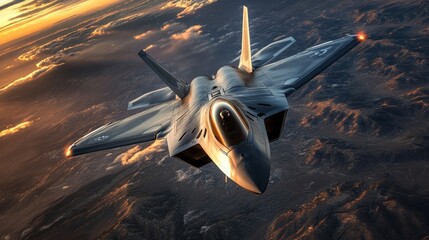 Fototapeta premium F-22 Raptor Stealth Fighter Jet Soaring Above Sunset Desert Landscape
