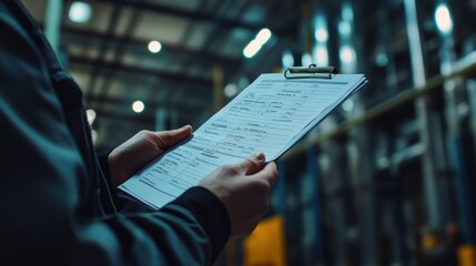 Closeup of a person's hand holding a clipboard with a checklist in a dimly lit industrial setting.