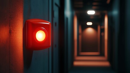 A dimly lit hallway features a glowing red emergency button, creating an eerie atmosphere with shadowy doorways leading into darkness.