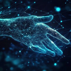 Blue network hand reaching through digital dimension