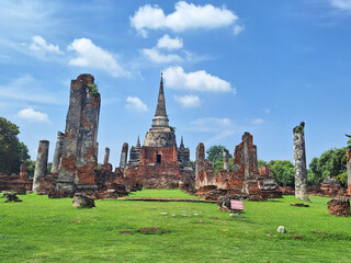 Historical Park of Wat Phra Si Sanphet Chedi and Wihan Ruins. Buddhist temple within the old palace of the Kingdom of Ayutthaya. UNESCO World Heritage Site.