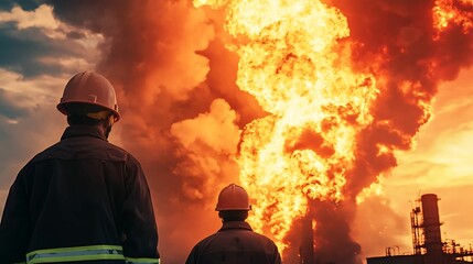 Two firefighters observe a massive blaze erupting from an industrial site, silhouetted against the fiery backdrop of smoke and flames.