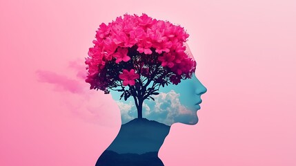 Double Exposure Artistic Composition of a Young Man's Silhouette with a Vibrant Floral Tree and Soft Pink Background for Creative Projects