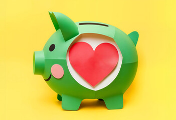 Cochon tirelire en papier vert, concept de donation et charité