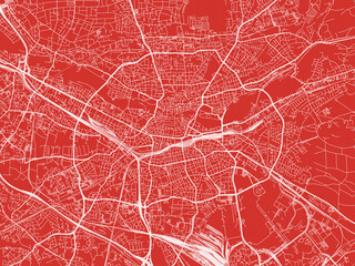 Christmas Map of Nurnberg, Germany in Snowy White on Festive Red Background.