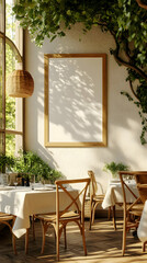 3D Illustration Restaurant Interior Design with Wooden Furniture, Greenery, and Sunlight