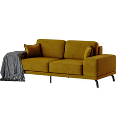 A yellow couch with a black and white blanket on it