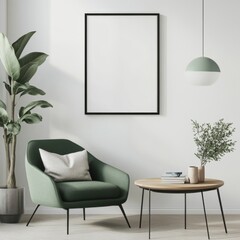 Modern Interior Design with Mockup Poster Frame, Green Armchair, and Coffee Table on Light Wall