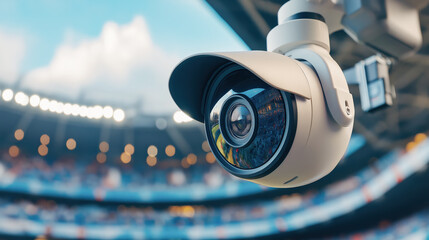 Close-up of a modern cctv security camera overlooking a stadium, reflecting the bustling crowd and vibrant atmosphere