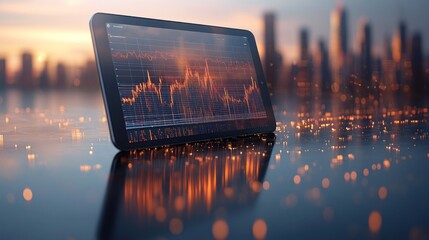 Tablet with financial chart in glowing urban scene