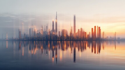 Fototapeta premium Majestic city skyline reflecting in calm water at dusk