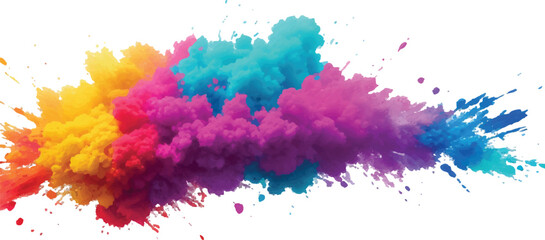 A vibrant explosion of multicolored powder creates a stunning, colorful cloud against a white background, capturing the energy and beauty of a Holi-inspired paint burst.