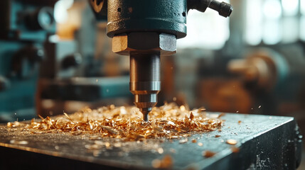 A close-up of a milling machine in action, cutting metal and producing shavings on a workbench in a workshop setting.