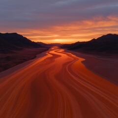 Naklejka premium Fiery sunset paints the desert landscape with warm hues as a winding river reflects the vibrant sky. A breathtaking scene of nature's beauty.