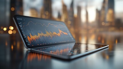 Tablet with dynamic financial graphs in urban scene