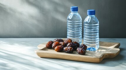 Water Bottles and Dates for Hajj Pilgrims on Table