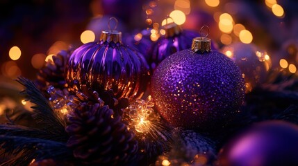 Festive Purple Christmas Ornaments Glimmering Lights