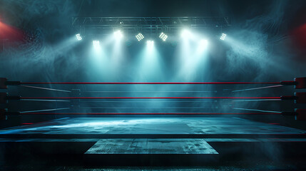 Empty professional boxing ring in the dark illumination
