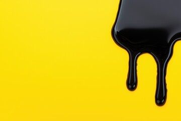 Black liquid drips on bright yellow background bold abstract pattern emphasizing texture motion and contemporary art style