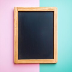 Fototapeta premium Blank green board with light wooden frame against soft pink background clean and colorful composition for creative or academic themes