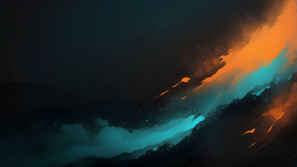 Naklejka premium neon Cyan, Burnt Orange, Charcoal Black glowing gradient background, a soft grainy noise texture with shimmering highlights and Smooth Transitions for a dynamic effect.