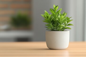 Fototapeta premium A small green plant in a minimalist pot sits on a wooden table, adding a touch of nature to a modern, bright interior space.