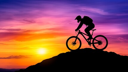 Fototapeta premium Dynamic Mountain Biker Leaping Mid-Air Against a Vibrant Sunset Sky with Stunning Color Gradients and Silhouette Effect