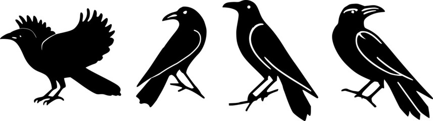 set of various silhouettes of crow illustrations