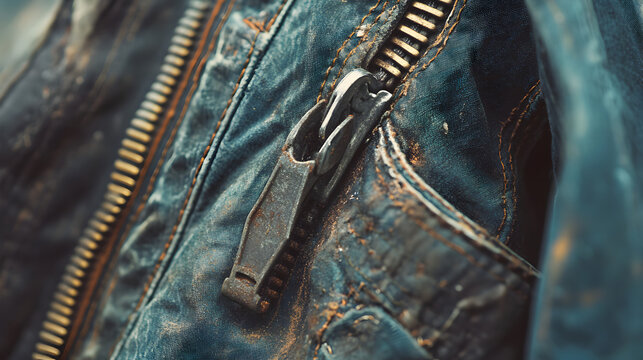 Rustic Denim Jacket, Worn Zipper, Closeup, Texture, Detail