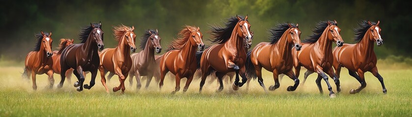 Obraz premium A dynamic herd of horses running freely across a lush green meadow, showcasing their strength and beauty in motion.