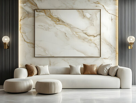 3D Illustration Modern Living Room Interior Design Marble Wall Decor