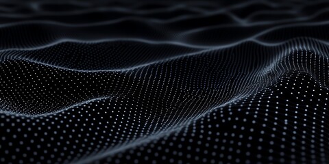 Abstract wave-like patterns in dark space, showcasing a digital landscape with dots and lines.