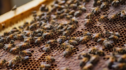 Bees working on honeycomb in beehive creating honey
