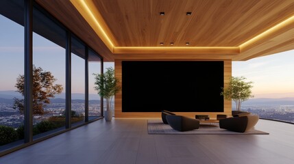 Modern living room with panoramic city views at sunset. The room features a large screen, wooden ceiling, and comfortable seating.