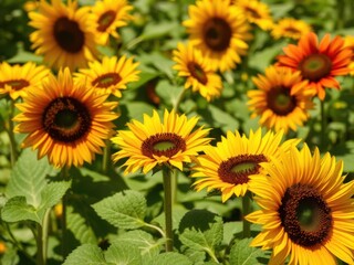 Fototapeta premium Close up of vibrant yellow sunflowers with copy space on a sunny day, growth, copy space