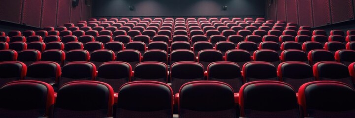 Obraz premium Close up shot of rows of empty cinema seats in a spacious theater, marketing, seats