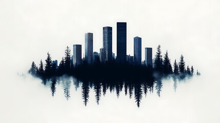 Fototapeta premium Ethereal Layered Double Exposure of a Foggy Forest with Silhouetted Skyscrapers in a Misty Atmosphere Capturing the Intricate Beauty of Nature and Urban Elements