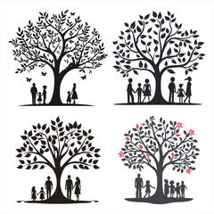 Family Tree Silhouette Bundle Set, a Silhouette Of People are holding hands under a tree ‍