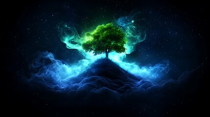 Obraz premium Majestic Lone Tree Standing Vibrantly Against a Starry Sky on a Hill with Mysterious Swirling Colors and Ethereal Light Effects